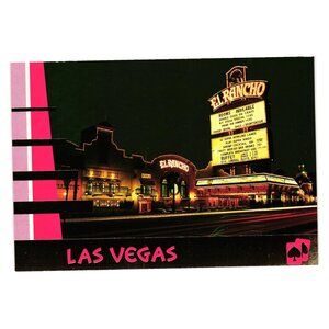 El Rancho Vacation Vegas Hotel Casino Vintage Postcard Evening Lights Marquee